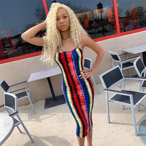 CHRONSTYLE Tie Dyeing Print Spaghetti Strap Midi Dress Summer Outfits Women Backless Beachwear Sleeveless Bodycon Clubwear Dress