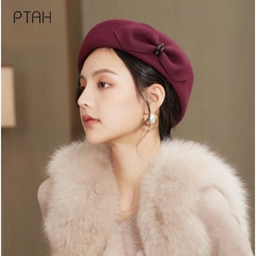 [PTAH] Autumn Winter Women Beret French Artist 100% Australian Wool Beanie Hat Vintage Plain Beret Solid Color Elegant Lady Caps