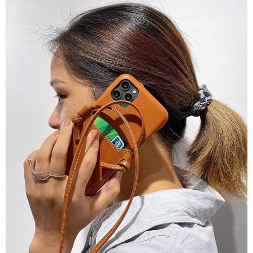 Luxury Real Leather Phone Case For iPhone 12 11 Pro Max Card Pocket Cover For iPhone XS MAX XR X 7 8 Plus Cases Rope Funda Coque