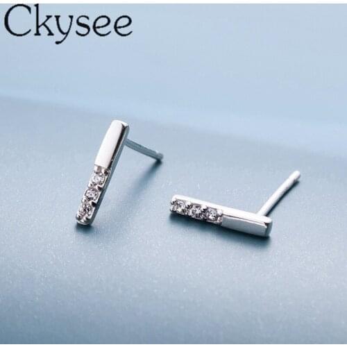 Ckysee News Real 925 Sterling Silver Minimalist Flat Bar Stud Earrings For Women Geometric T Bar Zircon Double Ear Studs