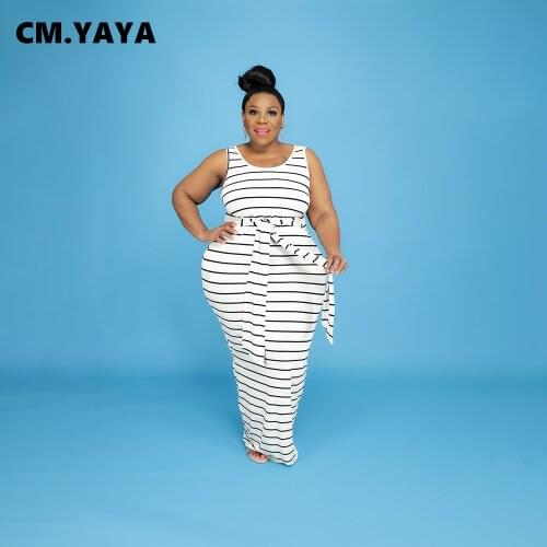 CM.YAYA Women Plus Size Dress Striped Sleeveless O-neck Bandage Sashes Stretchy Bodycon Dresses Casual Vestidos Summer Outfits