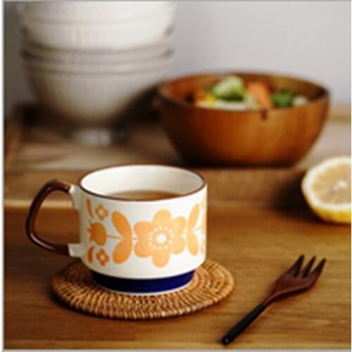 Japanese retro ceramic ear printing coffee cup can stack creative Mug couple breakfast milk cup