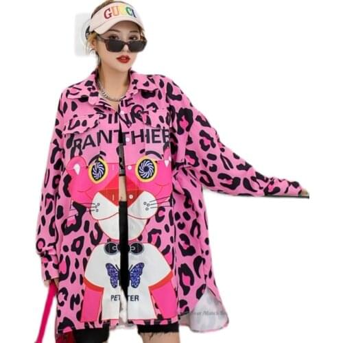 QING MO Red Women Leopard Printed Blouse 2021 Spring And Summer Women Cartoon Printed Blouse Female Casual Blouse ZQY7046