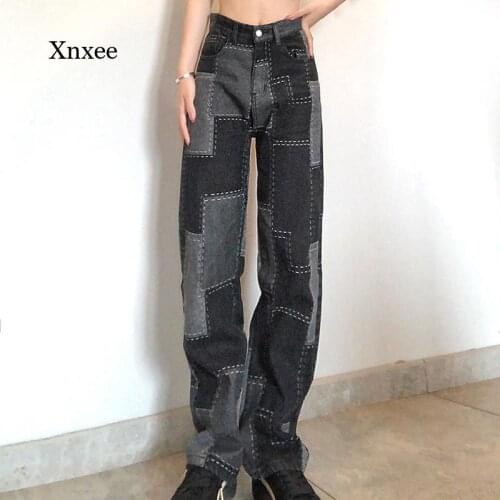 2021 Black Gray Denim Straight Trousers New Women Long Leg Jeans Fashion Casual High Waist Y2K Patchwork with Pockets Bottoms