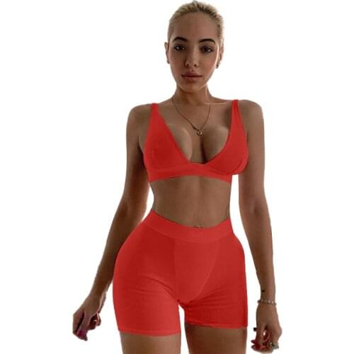 2021 Sleeve V-Neck Sexy Crop Tank Top Biker Shorts 2 Piece Set Autumn Winter Women Fashion Streetwear Tracksuit