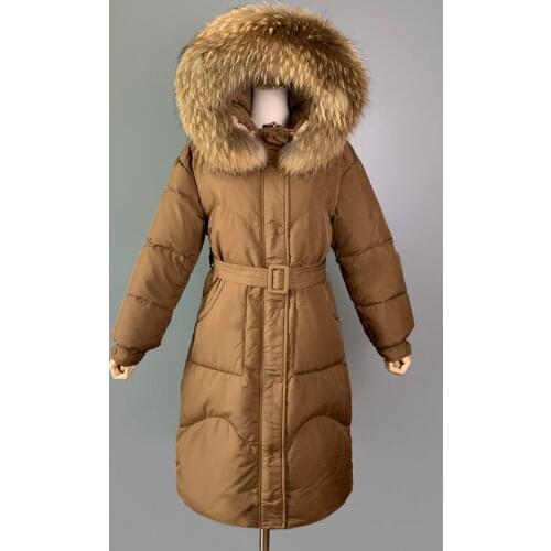 2021 Women Down Coat Hooded Big Natural Raccoon Fur Collar 90% White Duck Down Jacket Female Korean Ladies Outerwear With Belt