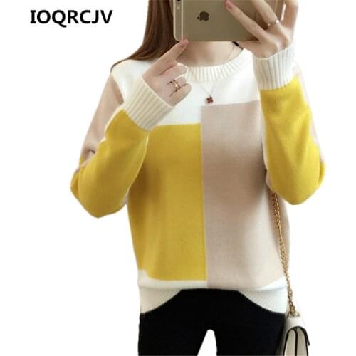 Contrast Color Knitted Sweater Female 2019 Autumn Winter Knitted Long Sleeve Jumper Women Sweaters And Pullovers Pull Femme R306