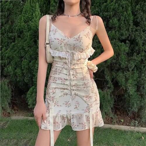 Foridol Lace Spliced Floral Print Bodycon Mini Dress Women Strappy Summer Boho Sundress Lace Up Vintage Sleeveless Dress Vestido