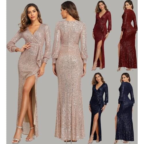Beauty-Emily Long Sexy V-neck High Slit Long Sleeve Sequined Banquet Evening Dress For Women Vestidos De Fiesta
