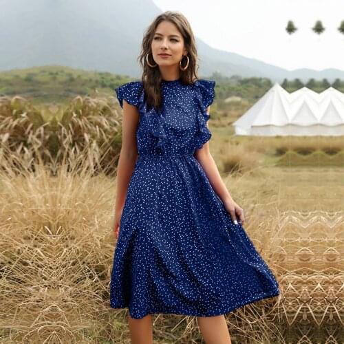 40# Dot Print Vintage Dress Women Ruffles Chiffon Dress Butterfly Sleeve Vintage Dress Elegant Bohemian Dress Платье Летнее