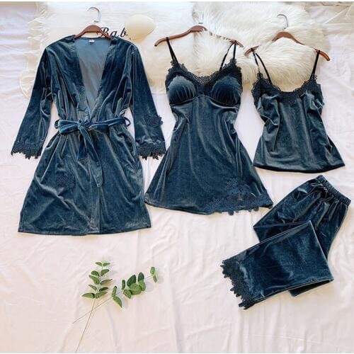 Gold Velvet Women Pajamas Warm Winter Pajamas Set Sexy Lace Loose Sleepwear 4 Pieces Home Clothes Long-sleeved Sling And Pants