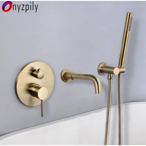 Onyzpily Brushed Gold Bathtub Faucet Wall Mounted Waterfall Bath Shower System Embedded In Wall Tub Tap Shower Mixer Faucet