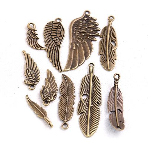 10pcs/lot Vintage Bronze Metal Small Wings & Feather Charms for Jewelry Making Diy Zinc Alloy Mix Wings Feather Pendant