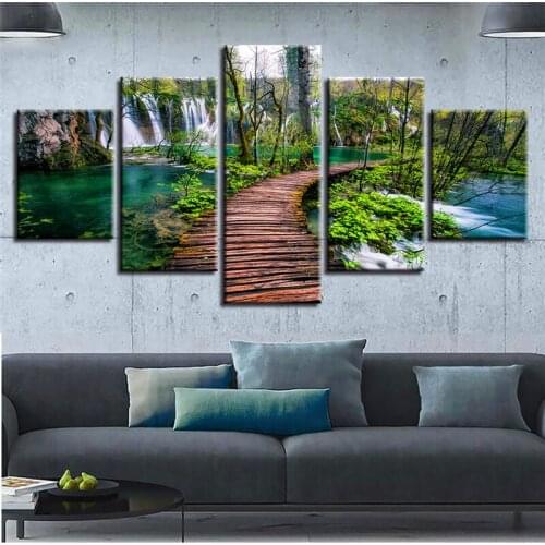 5 Pieces Waterfall Green Tree And Woods Bridge Natural Scenery Modular Canvas Painting Poster Print Wall Pictures Decor Unframed