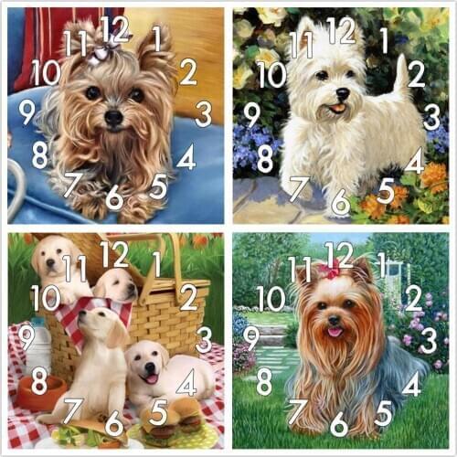 Full Diamond Painting Cross Stitch With Clock Mechanism Mosaic 5D Diy Square Round Christmas Animal Dog 3d Embroidery Gift