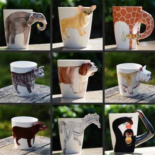 3D Animal Shape Hand Painted Deer Giraffe Cow Monkey Dog Cat Camel Elephant Horse Cup Creative Gift Ceramic Coffee Milk Ttea Mug