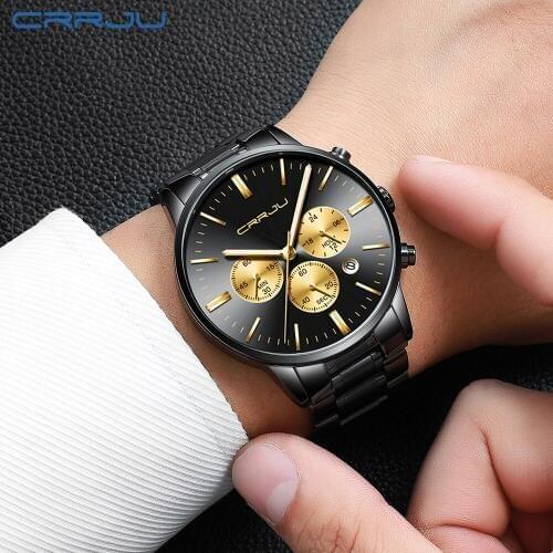 CRRJU Men Stainless Steel Military Sport Watches Mens Chronograph Analog Watch Waterproof Quartz Male Clock Relogio Masculino