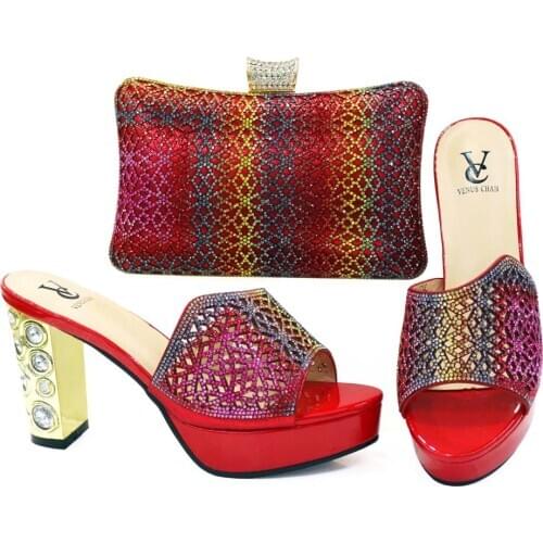 Elegant Women Shoes and Bag Set in Red Color High Quality Peep Toe Sandals with Evening Bag for Wedding Party with Crystal