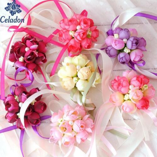 8 cm Creative Wrist Flower Bridesmaid Sisters Hand flowers Artificial Bride Flowers for DIY Wedding Decoration