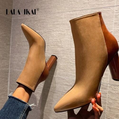 LALA IKAI Womens Boots Autumn Winter 2020 High Heels Side Zipper Ankle Boots Pointed Toe Short Booties Fashion botas de mujer