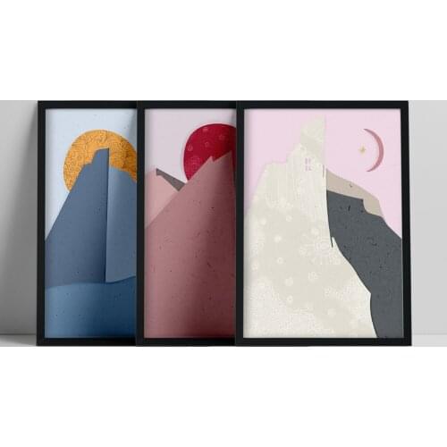 Set of 3 Abstract Art Prints, Mountain Moon & Sun Landscape Print, Blue Yellow Purple posters, Minimalist Wall Art, tury Modern