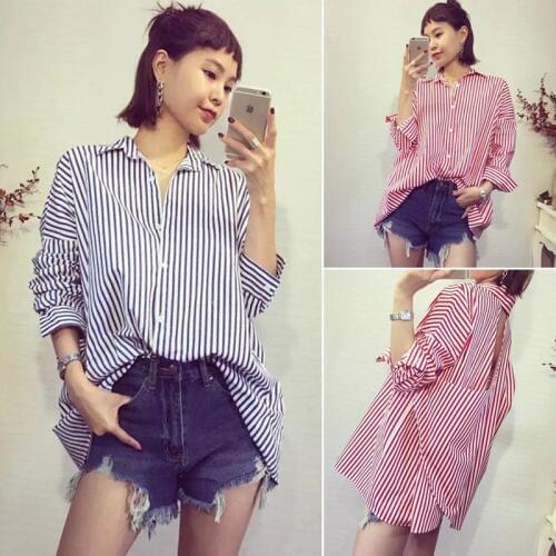 Cheap Casual Girls Vertical Stripes Back Cross Cutout Loose Blouse Shirt T