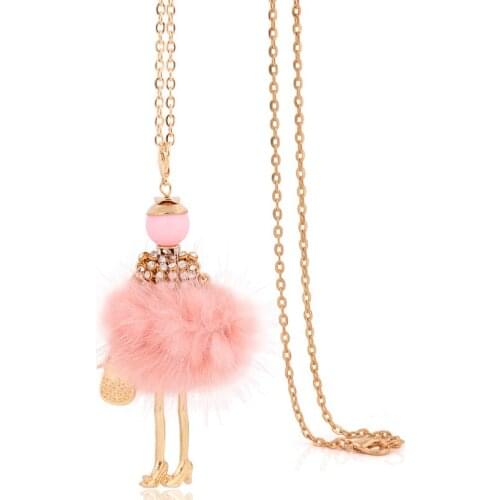New arrival hot 2017 high quality pink doll necklace for women fashion big pendant fur long necklace chains color jewelry