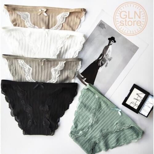 New Style Women Underwear Panties Cotton Ribbed Girl 's Briefs Sexy Lace Edge Student Threaded Modal Shorts 115