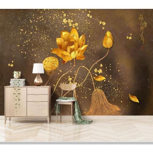 Papel de parede Chinese style golden lotus 3d wallpaper mural,living room TV sofa wall bedroom kitchen wall papers home decor