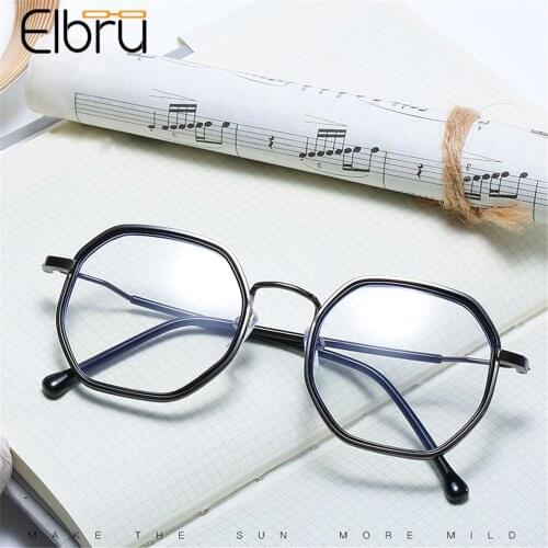 Elbru Fashion Anti Blue Light Shortsighted Glasses Women Men Metal Round Myopia Optical Eyeglasses Finished Glasses With-0.5-6.0