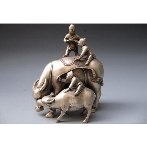 Song voge gem S1448 8"Chinese superb Silver Three Boys play carabao Bull St