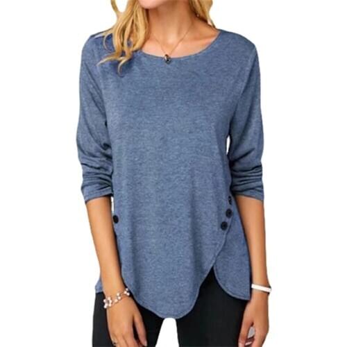 Plus Size 5XL Women Tops Casual O-Neck Irregular Hem Button T Shirt Long Sleeve Soft Female Tee Shirt 2021 Spring Oversized Tops