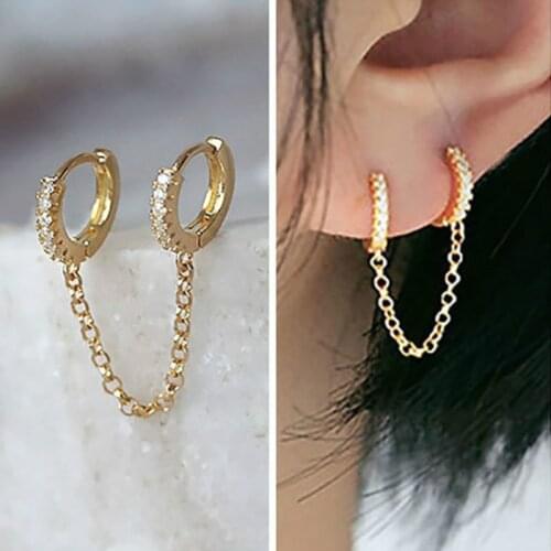 1 PCS Hot Sale Two Hole Piercing Earrings for Women Brilliant Crystal Zircon Simple Bohemian Chain Earring Party Jewelry