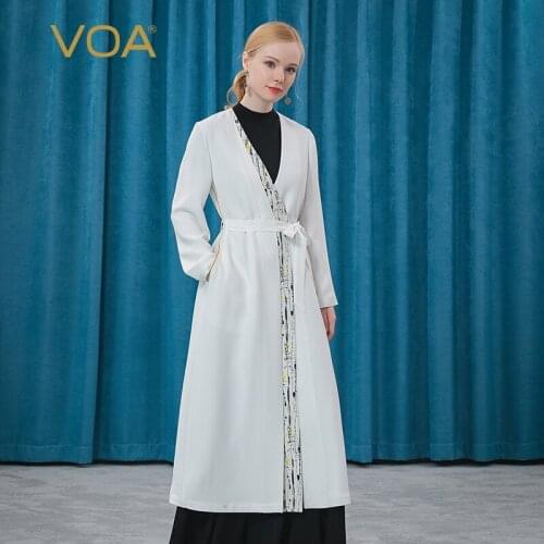 VOA Silk Milk White V-neck Placket Print Stitching Yellow Line Decoration Office Lady Long Sleeve Trench Coat for Women FE79