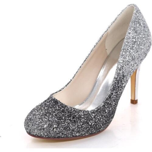 High Heels Sequin Wedding Shoes Women Gradient Color Bling Glittery Round Toe Heeled Prom Evening Bridal Ladies Pumps