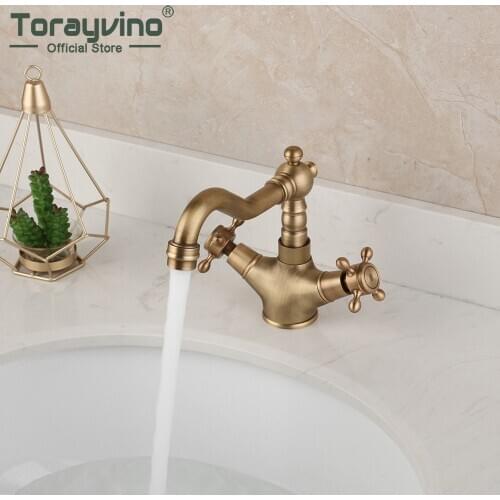 Torayvino Bathroom Antique Brass Dual Handle Faucet 360 Swivel Stream Spout Basin Sink Faucets Hot & Cold Water Mixer Tap