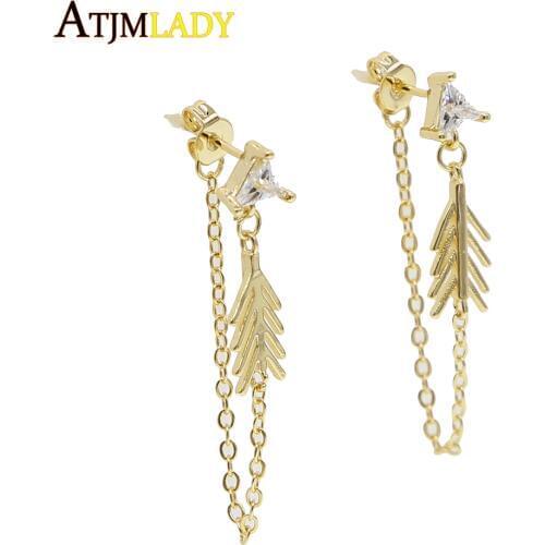 Vintage classic women jewelry gold filled cz leaf feather drop charm earring with tassel chain triangle cz paved fashion jewelry