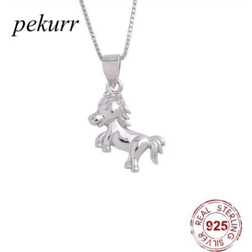Pekurr 925 Sterling Silver Small Foal Horse Female Pendants Long Chain Animal Necklaces For Women Collar Fashion Jewelry