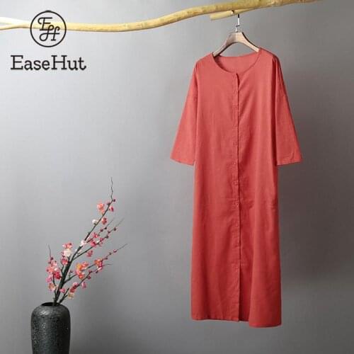 EaseHut Vintage Women Loose Long Shirt 3/4 Sleeves Button Down Pockets Casual Shirt Dress Cardigan Coat 2021 Spring Summer