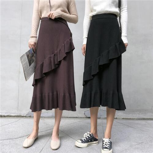Women Autumn Winter High Elastic Waist Ruffle A-line Long Knitted Skirts Brown Sweater Skirts