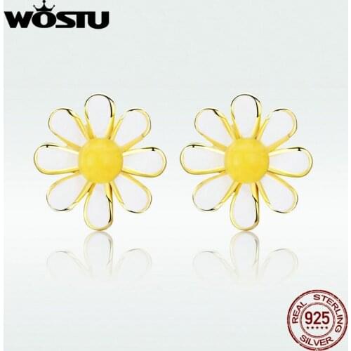 WOSTU Authentic 925 Sterling Silver Daisy Stud Earrings Classic Hot Fashion Plant Earrings For Women Making Jewelry BNE203