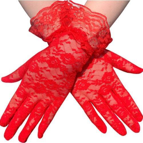 Women Vintage Sunscreen Short Gloves Sheer Floral Lace Jacquard Ruffles Mittens