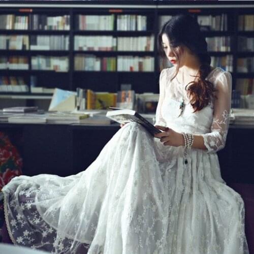 Bohemian Style White Fairy Lace Embroidered Dress Women Long Maxi Lady Princess Party Full Dress Festival Robe Gown Vestidos