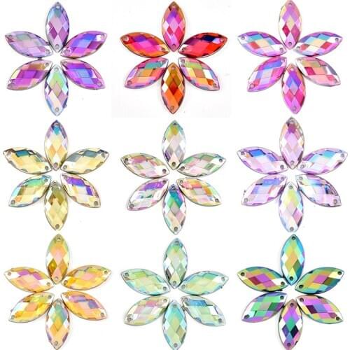 2 Sizes Navette Mixed AB Colors Acrylic Sew On Rhinestones Flatback Horse Eye Sew-on Rhinestone For Sewing Accessories B0655
