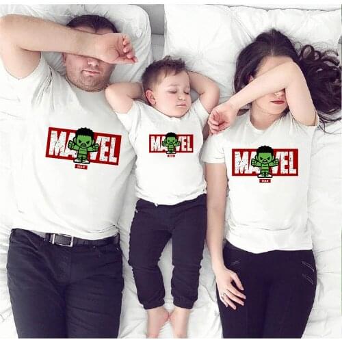 2021 Summer Family Matching T Shirt White Short Sleeve Kids Boys Girls Father Mother Tee Shirts Marvel Hulk Printed Family Look