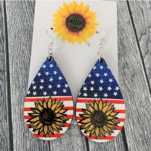 2021 Wholesale American Independence Day Earrings Tie-Dye Colorful Dyed Wood Sunflower Flag Earrings