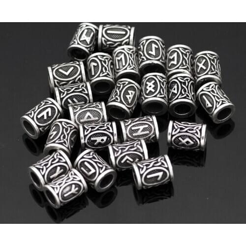 24Pcs Vintage Silver West Coast Paracord Norse Viking Rune Metal Beads DIY Antique Bracelet Hair Beards Jewelry Making