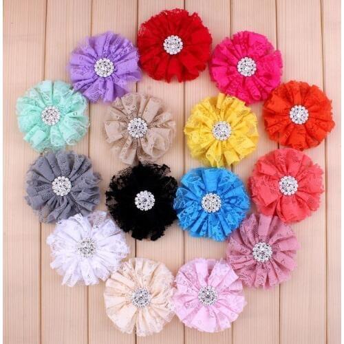 30pcs/lot 7cm 15colors Shabby Lace Mesh Flower+Rhinestone Button For Kids Girls Hair Accessories Fabric Flowers For Headbands
