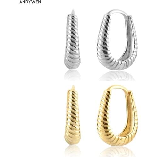 ANDYWEN New 925 Sterling Silver Gold Screw ANTIQUE HOOPS SMALL Huggies Loops Ovals Plain Party Rock Punk 2021 Women Jewelry Gift