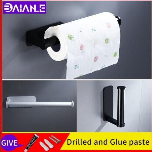 Toilet paper holders black wall mounted bathroom glue paste kitchen roll Tissue holder dispenser home gadgets
